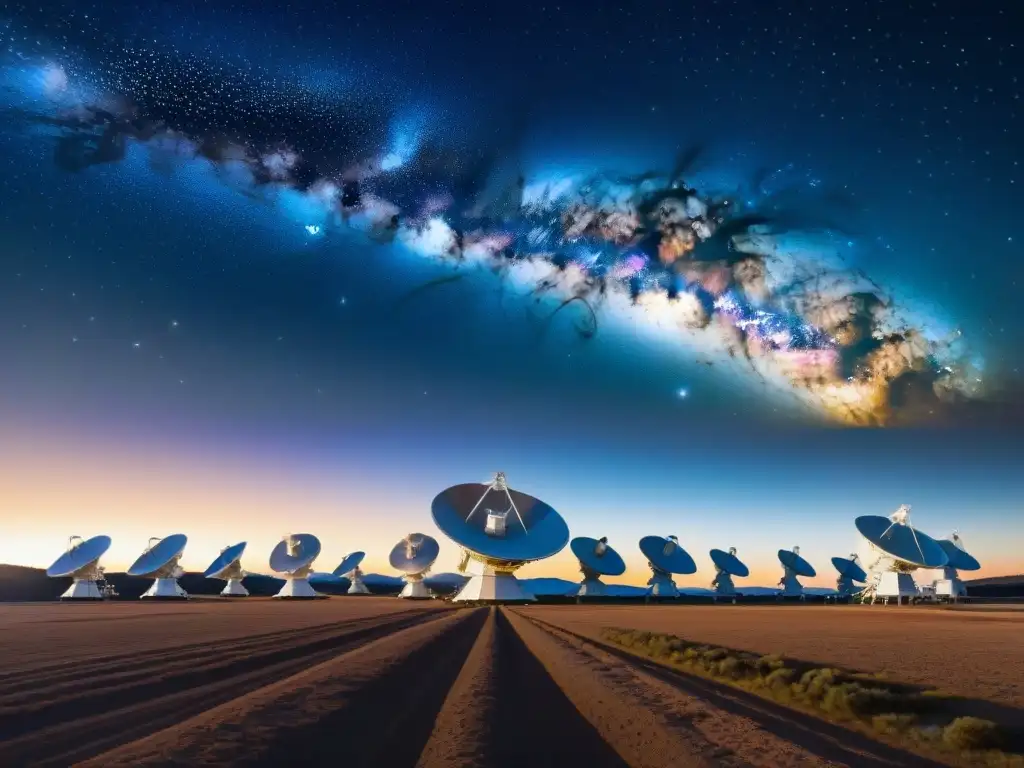 Una red de telescopios radiotelescópicos de la Misión Event Horizon, brillando bajo el cielo estrellado