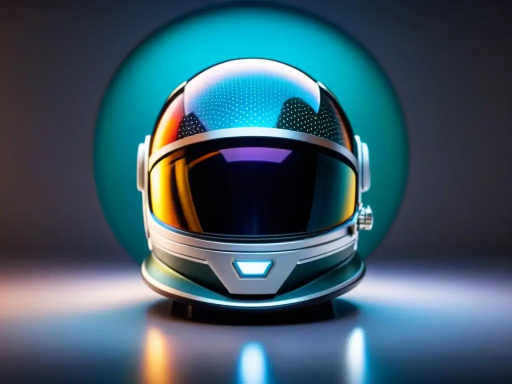 Reflejo del cosmos en un casco futurista con patrones de circuitos y visor brillante