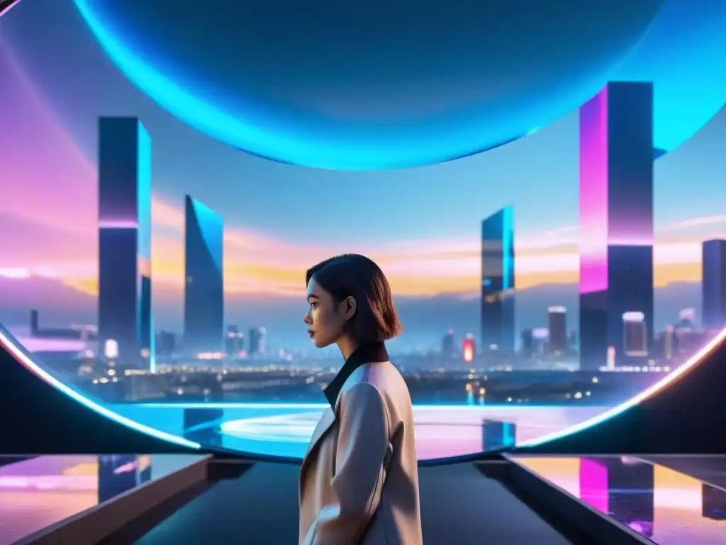 Reflejo de la sociedad moderna en un paisaje futurista nocturno, inspirado en 'Black Mirror'