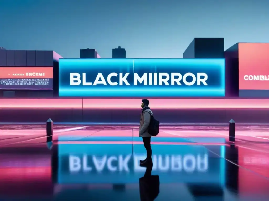 Reflejo de sociedad y tecnología en una ciudad futurista de neón, con estética cyberpunk al estilo de 'Black Mirror'