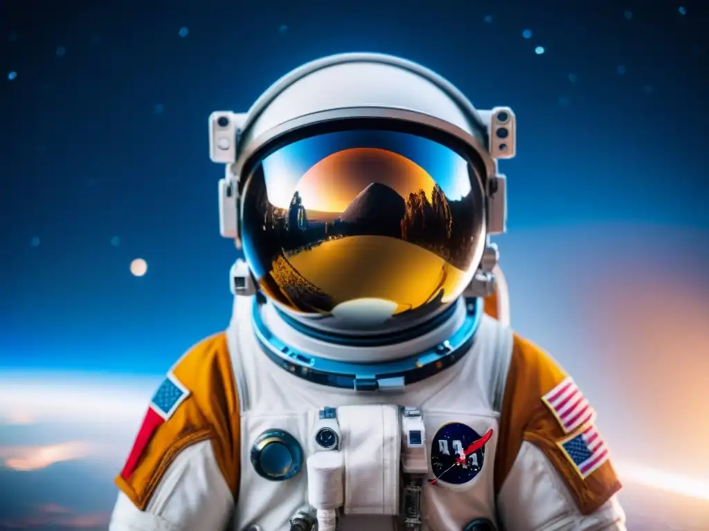 Reflejo del universo en visor del casco de astronauta, mostrando preparación y misterio del cosmos