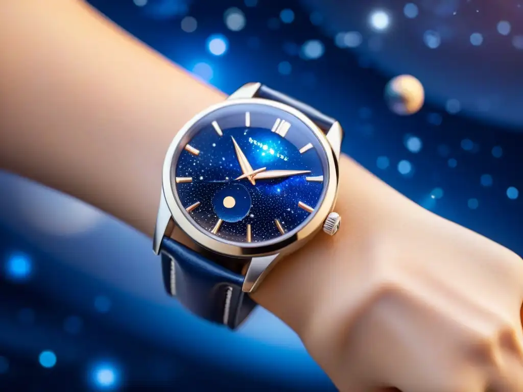 Un reloj espacial futurista con detalles en plata y azul, adornado con estrellas y planetas, ideal para regalos espaciales para amantes