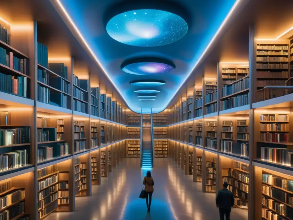 Renacimiento de la ciencia ficción: Biblioteca intergaláctica con libros antiguos y hologramas futuristas