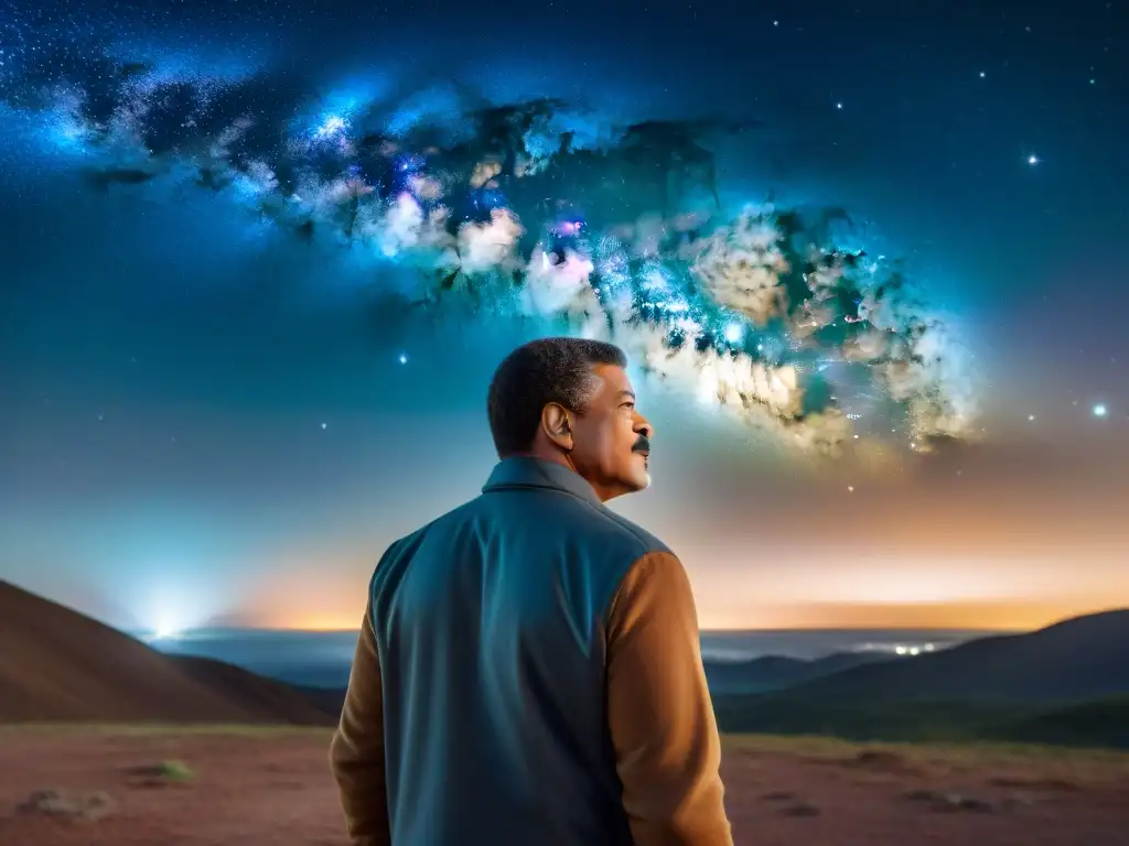 El renombrado astrofísico Neil deGrasse Tyson contempla maravillado el universo estrellado a través de un telescopio gigante en la noche