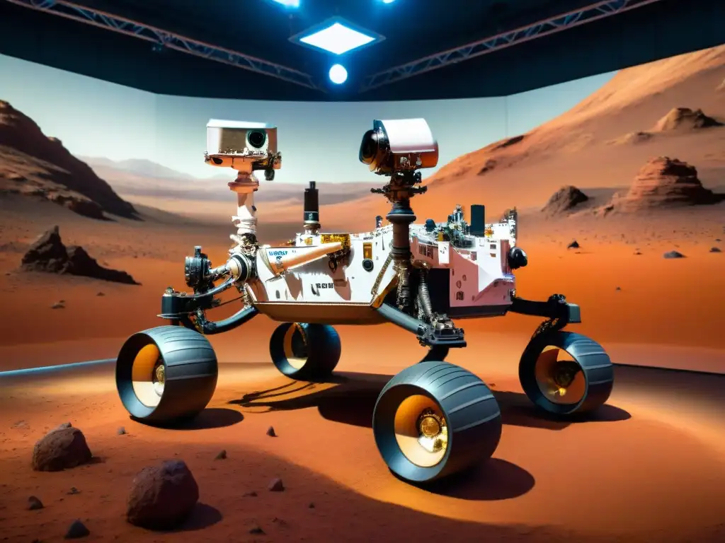 Una réplica detallada del rover Curiosity en una exposición espacial, rodeada de pantallas interactivas y visitantes curiosos de todas las edades