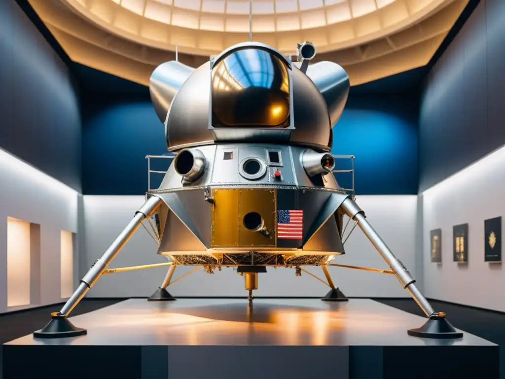 Una réplica detallada de la nave lunar Apollo 11 iluminada en una exposición