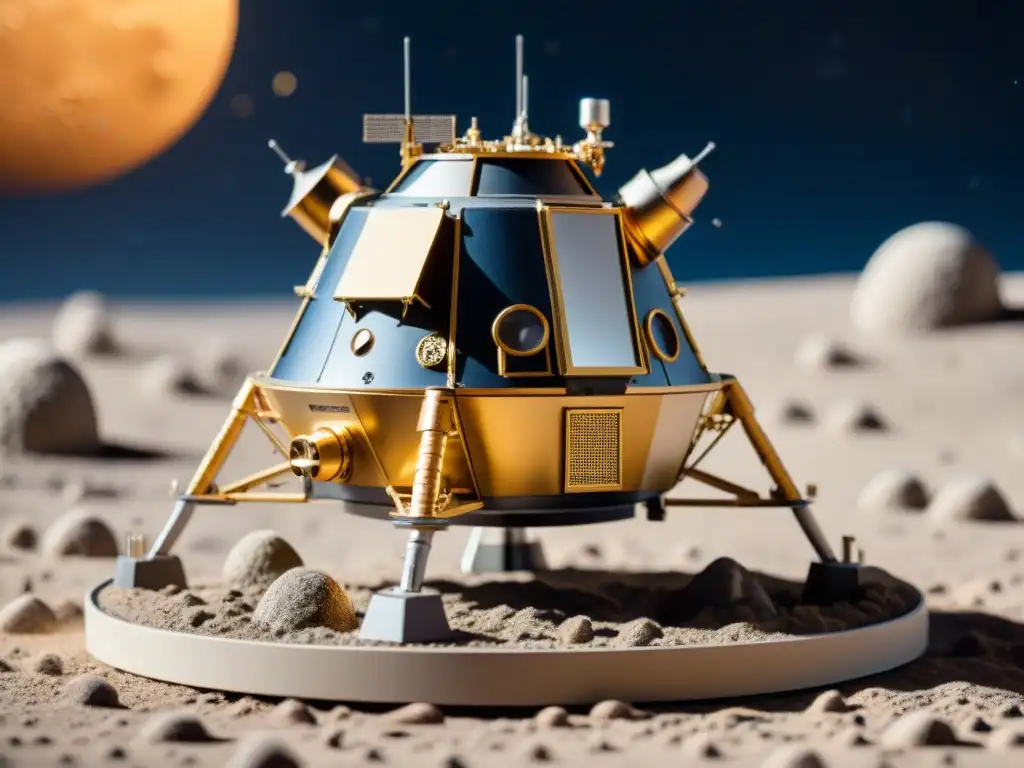 Réplicas detalladas naves espaciales: Miniatura detallada del módulo lunar Apollo 11 en suelo lunar, brilla al sol