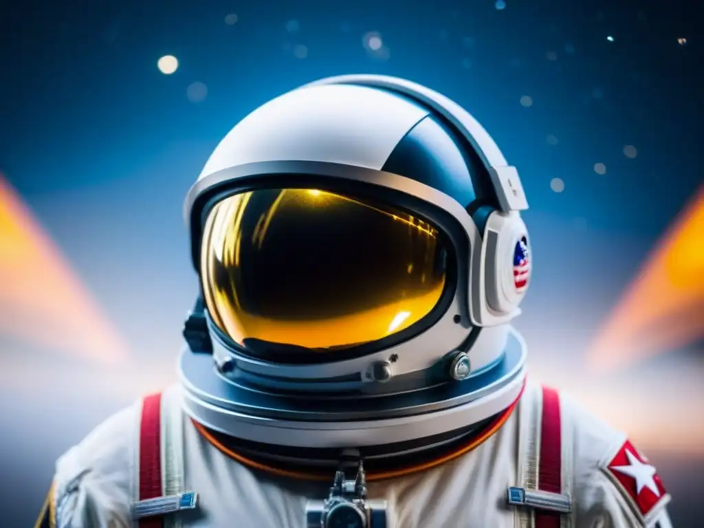 Réplicas exactas casco astronauta colección: Detalle meticuloso del casco, diseño intrincado y visor reflectante en un espacio estrellado