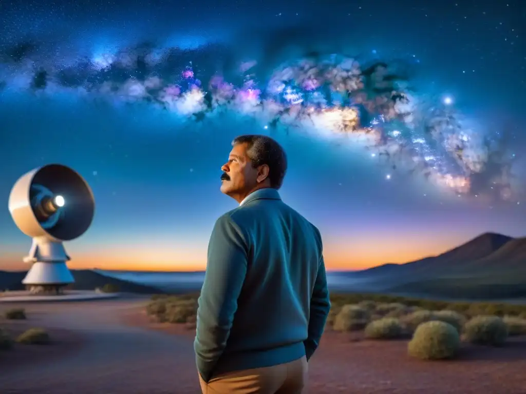 Un retrato de asombro: Astrofísico Neil deGrasse Tyson frente a un telescopio, maravillado por la belleza cósmica