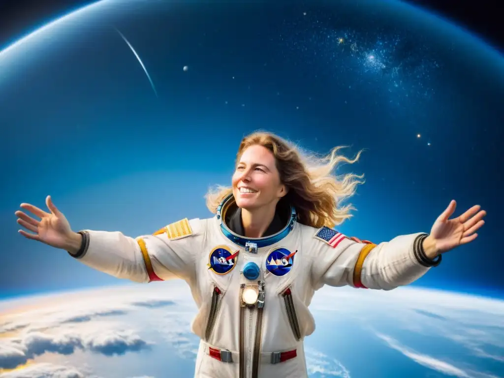 Retrato de Christa McAuliffe maestra enseñar estrellas, flotando en gracia entre estrellas y la Tierra desde el espacio