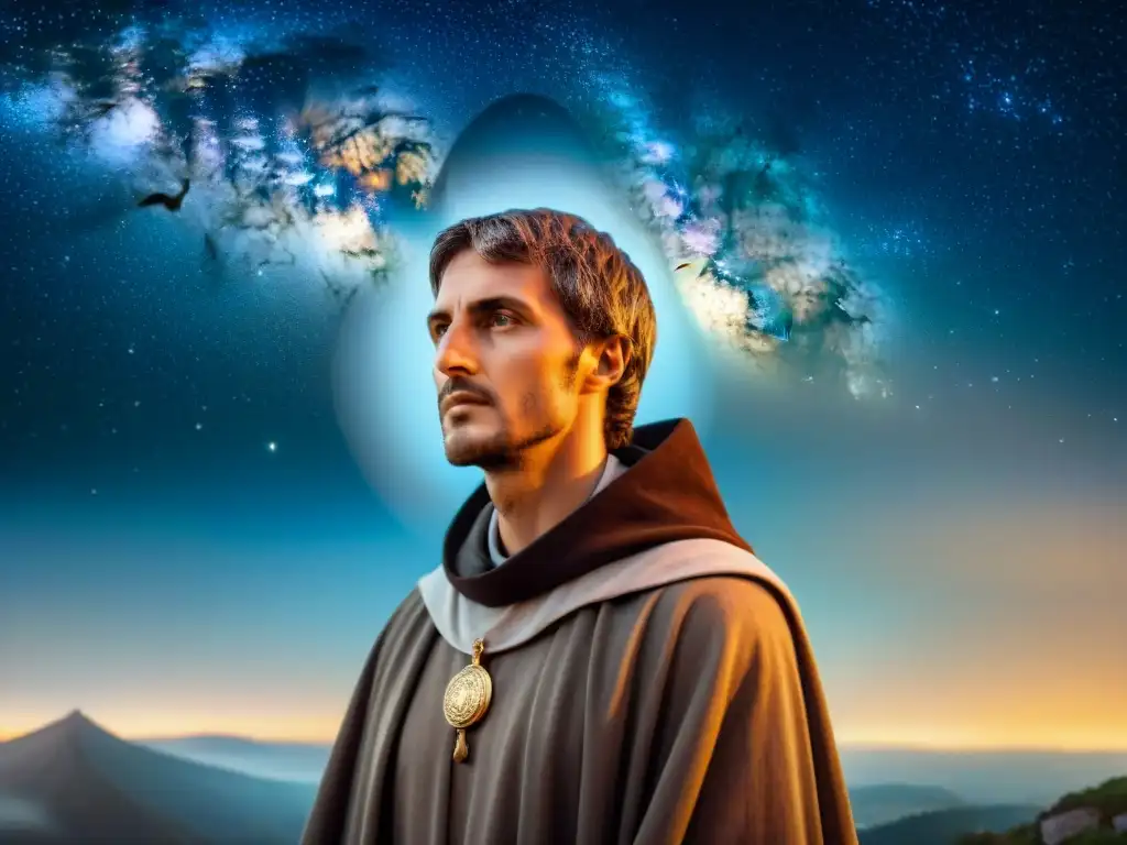 Retrato detallado de Giordano Bruno con expresión visionaria, rodeado de galaxias y estrellas, simbolizando su visión universo infinito