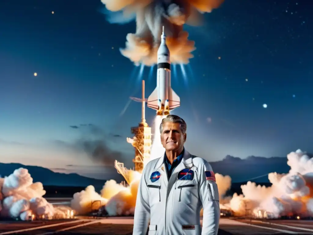 Retrato detallado de Wernher von Braun frente a un cohete, listo para el lanzamiento al espacio, con la Tierra brillando en el fondo