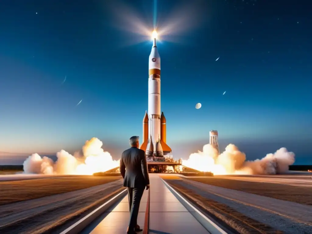 Un retrato detallado de Wernher von Braun frente a un cohete gigante, iluminado por sus motores, observando las estrellas