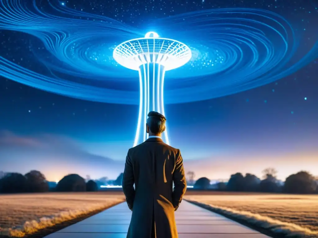 Retrato detallado de Nikola Tesla frente a la Torre Wardenclyffe, en una noche estrellada