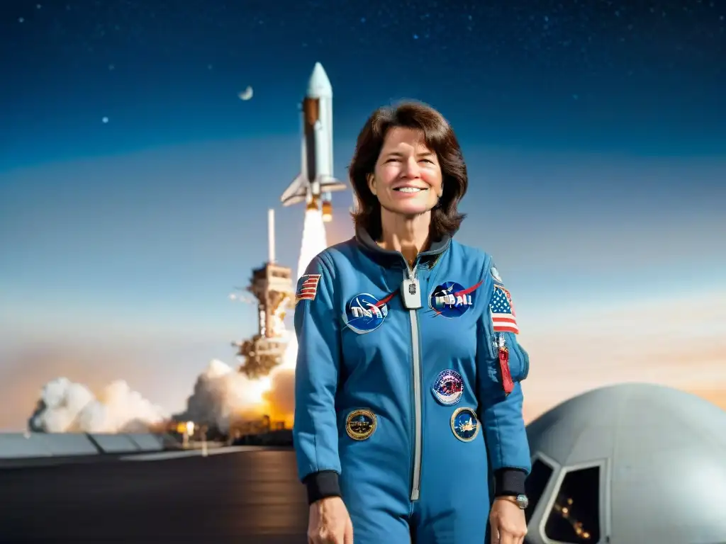 Retrato detallado de la primera mujer estadounidense en el espacio, Sally Ride, junto al transbordador Challenger en el cosmos estrellado