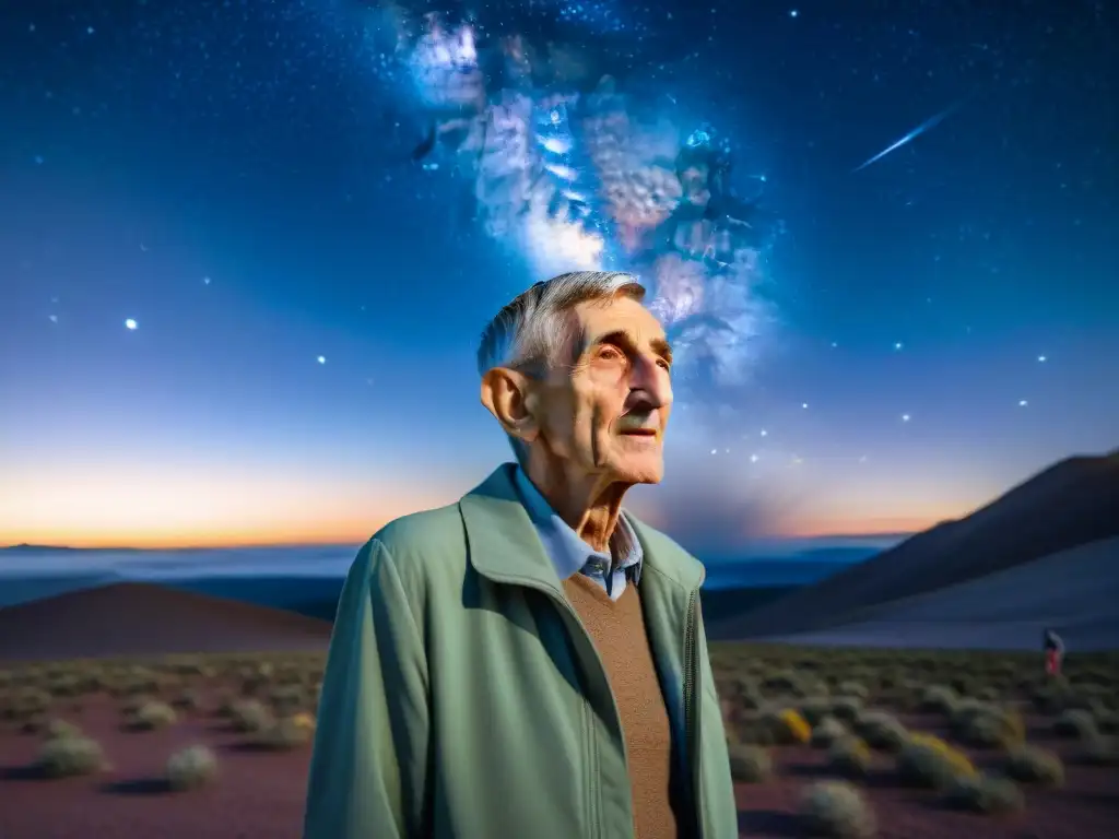 Un retrato detallado de Freeman Dyson con pasión por la vida extraterrestre, contemplando el universo estrellado