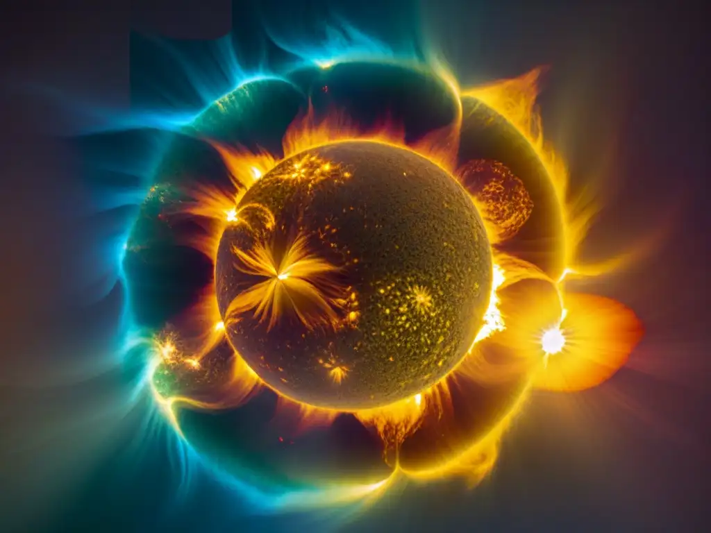 Un retrato fascinante del Sol con plasma y manchas solares, mostrando la influencia del Sol en la Tierra