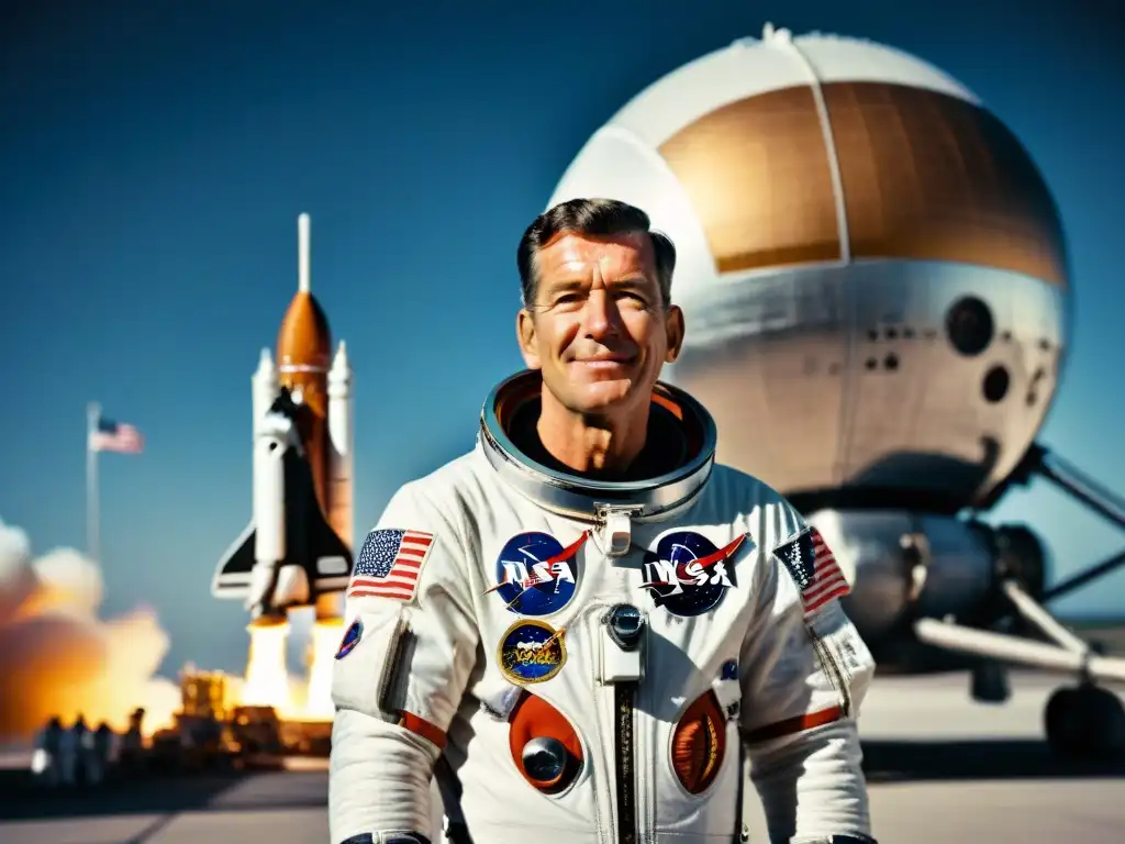 Un retrato impresionante de Wally Schirra en su traje espacial, junto a naves espaciales en el Centro Espacial Kennedy de la NASA