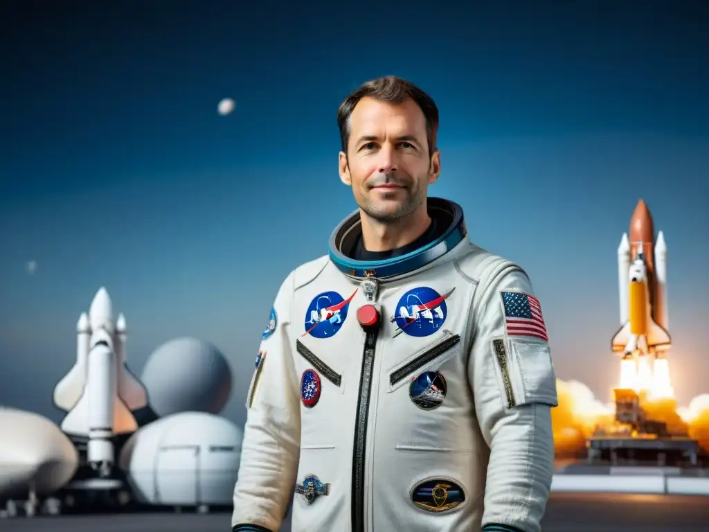 Maxime Faget: Ingeniero Aeroespacial Visionario Retrato de Maxime Faget rodeado de planos y modelos del Transbordador Espacial, reflejando su determinación e inspiración en la historia de las misiones espaciales