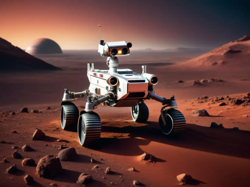 Exploración autónoma en Marte: robot futurista en terreno rocoso Un robot autónomo explorando Marte, con avanzada tecnología y paisaje marciano