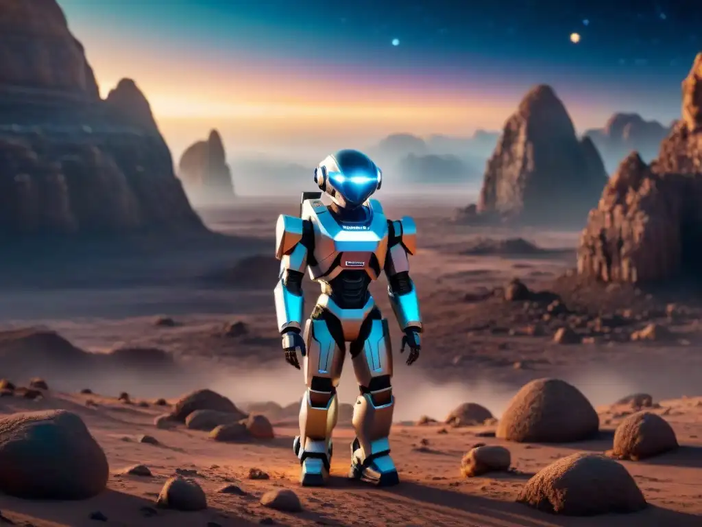 Exploración futurista: robot autónomo en planeta alienígena Un robot autónomo explorando un planeta alienígena bajo un cielo estrellado, ilustrando la exploración espacial