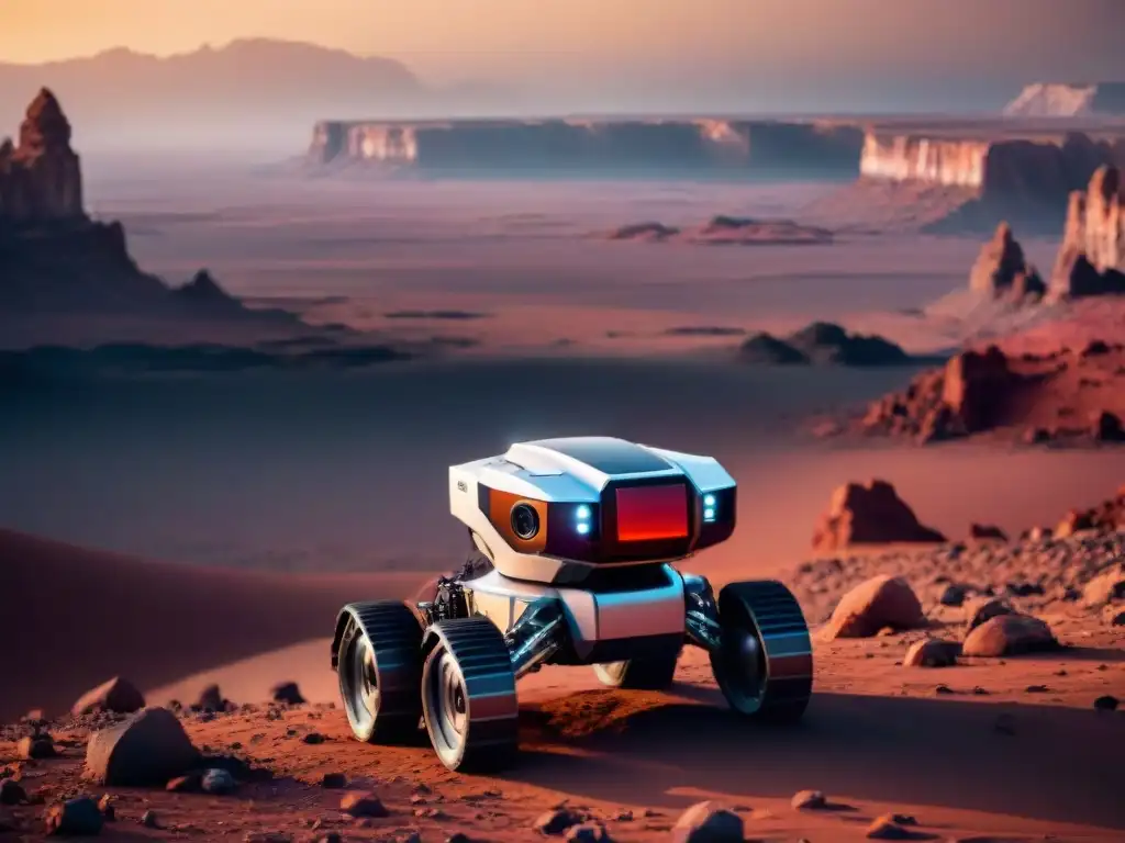 Robot autónomo explorando terreno marciano con precisión Un robot autónomo explorando terreno marciano, desafiando entornos hostiles