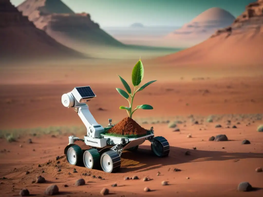 Un robot espacial planta un árbol en Marte, simbolizando la sostenibilidad en la Tierra