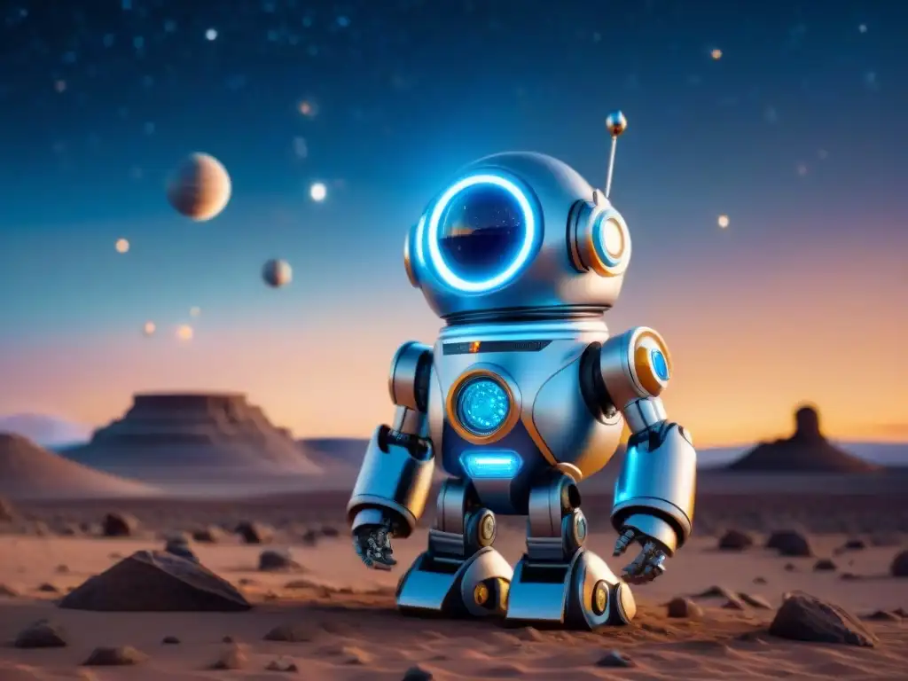 Robot espacial futurista recolectando datos en el cosmos Un robot espacial recolectando datos en un cosmos estrellado