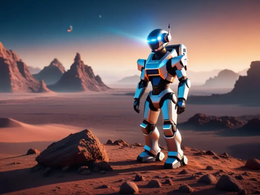 Explorador autónomo en planeta remoto: 8k detallado Un robot autónomo de exploración espacial en un planeta distante, reflejando el paisaje alienígena