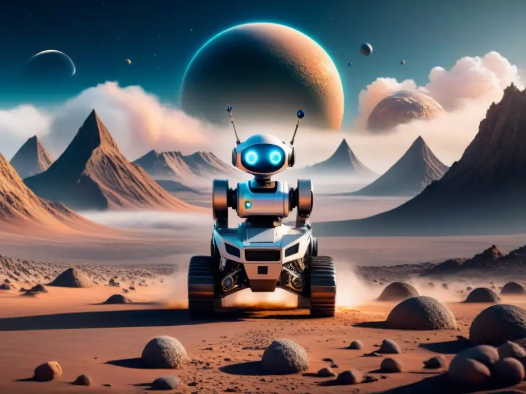 Exploración espacial: robot futurista recolecta datos en planeta remoto Un robot futurista recolectando datos en un paisaje alienígena, resaltando la importancia de los robots recolectores de datos espaciales