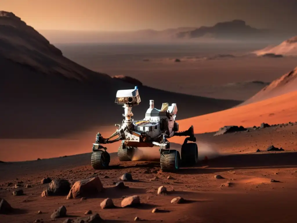 Un robot futurista en Marte, iluminado por el sol, con Curiosity al fondo