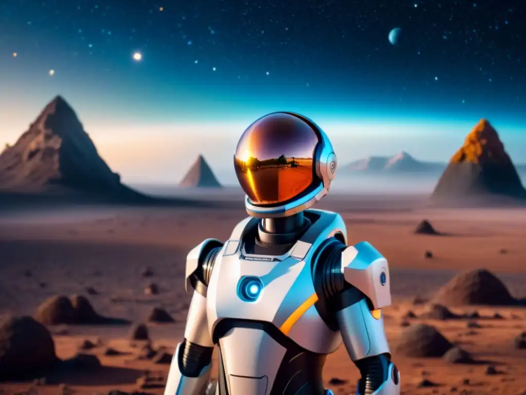 Robot futurista en planeta remoto: maravilla cósmica Un robot futurista con IA en un planeta distante, rodeado de galaxias y estrellas