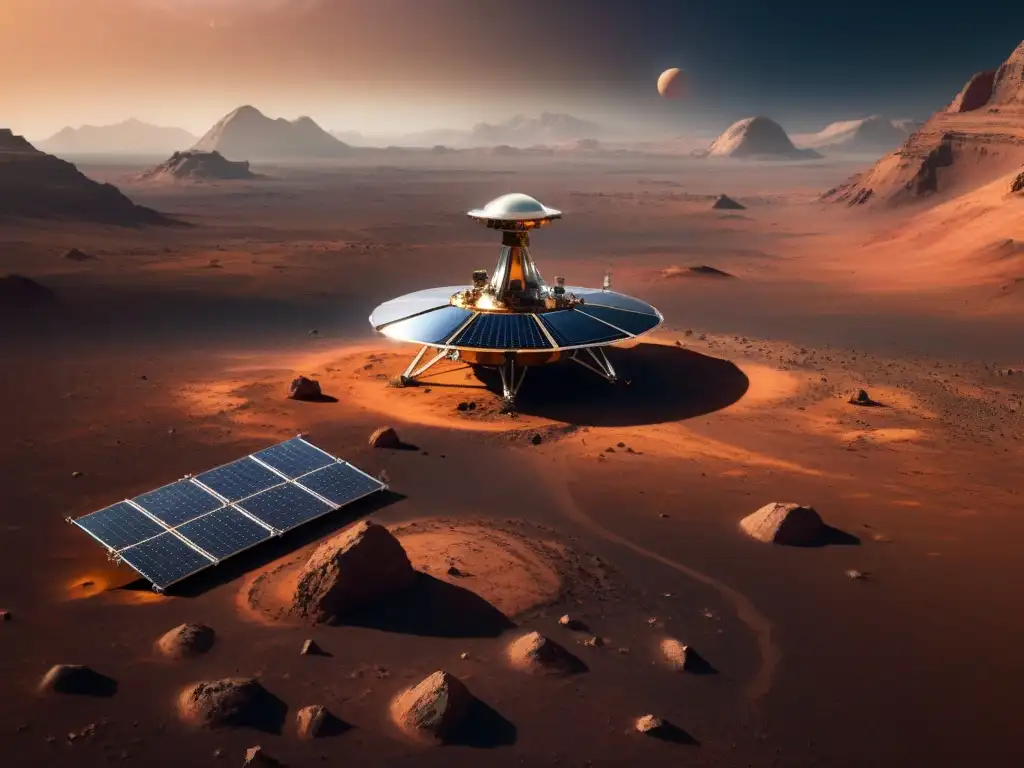 Sonda espacial futurista en Marte: exploración y tecnología avanzada Un robot recolector de datos espaciales flota sobre Marte, con sus paneles solares brillantes en el paisaje marciano