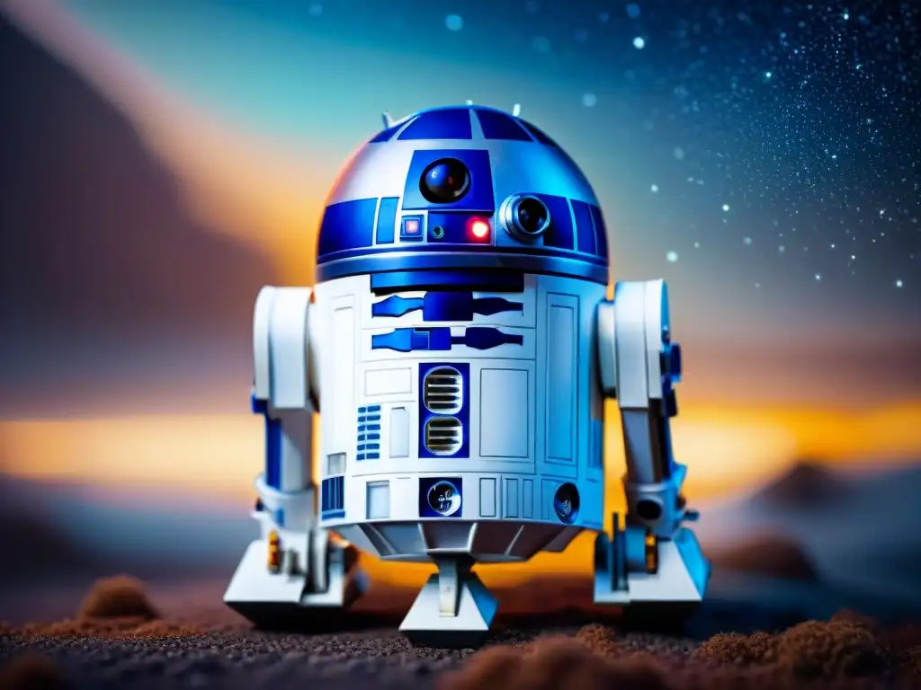 Robótica espacial en cultura popular: Detalle de R2D2 de Star Wars en el cosmos, con galaxias y estrellas