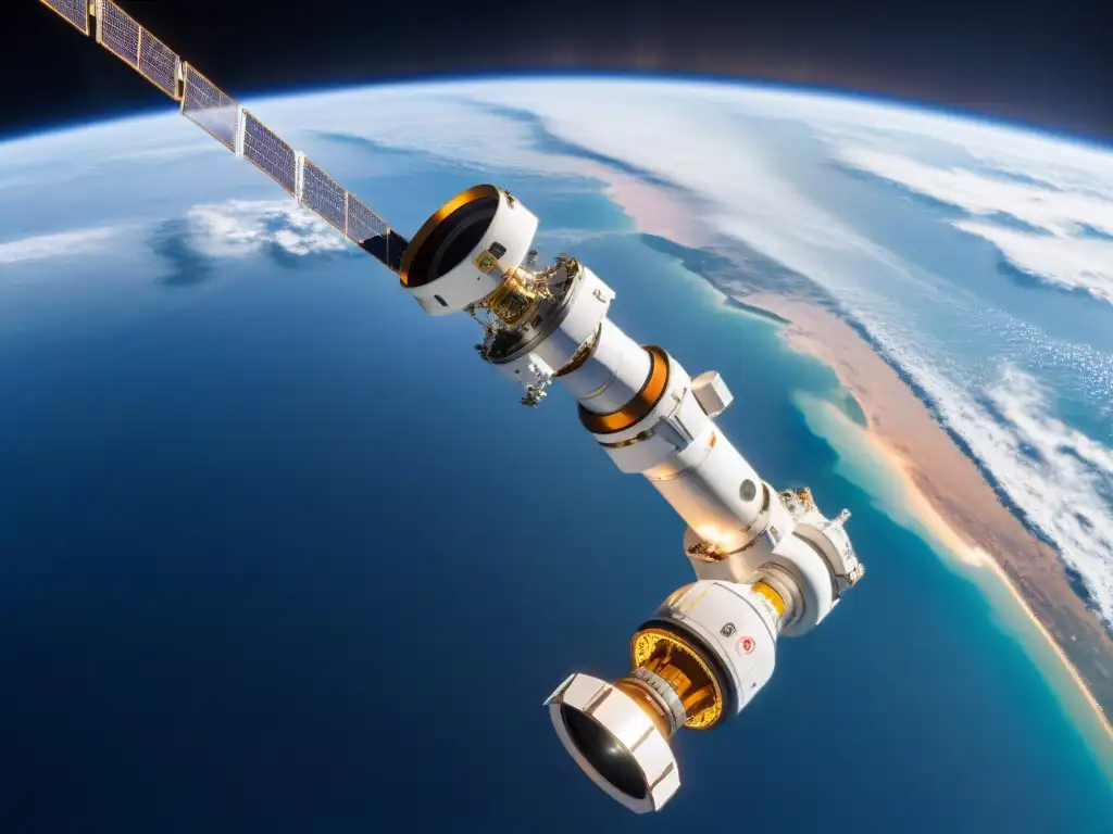 Robótica espacial impacto economía global: Brazo robótico en la Estación Espacial ajustando componentes con precisión, vista de la Tierra al fondo