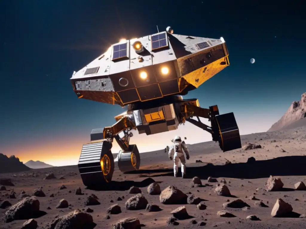 Extracción de minerales en asteroide: tecnología robótica en acción Robótica espacial en minería de asteroides: Sonda espacial extrayendo minerales en un asteroide, iluminada por una estrella distante