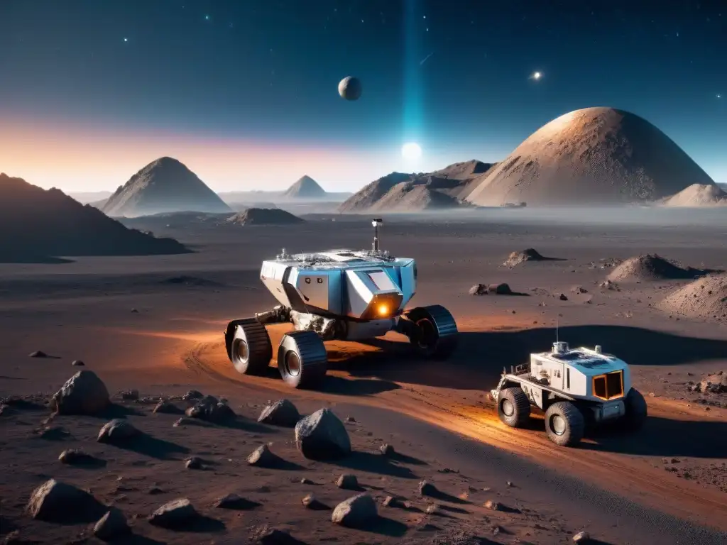 Extracción espacial: robots mineros en asteroide Robótica espacial en minería de asteroides: Futurista operación en un asteroide, robots avanzados extraen recursos en el espacio