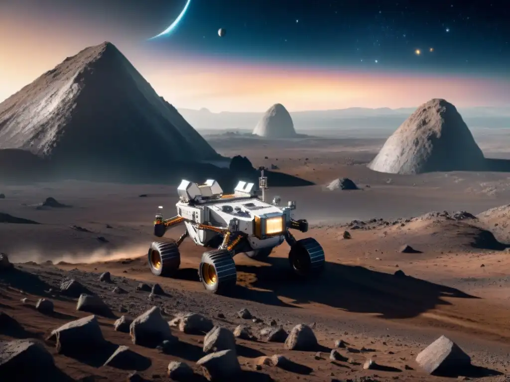 Operación minera robótica en asteroide: escena futurista Robótica espacial en minería asteroides: Una operación minera futurista en un asteroide, con robots avanzados y un telón de fondo estelar