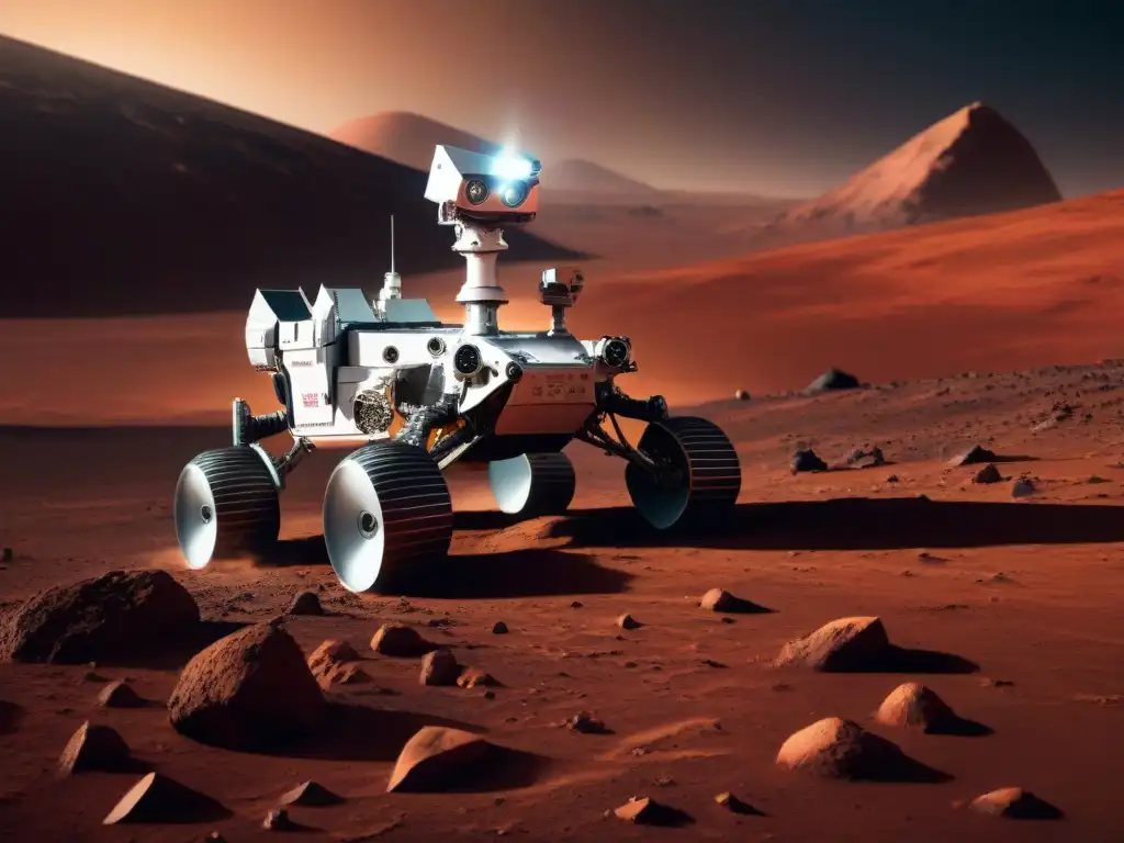 Exploración robótica en Marte: rover futurista en acción Robótica explorando Marte con tecnología avanzada: paneles solares brillantes bajo el sol rojo marciano