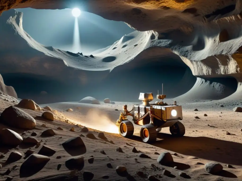 Exploración cuevas Marte Luna: Rover robótico avanzado explorando una cueva lunar misteriosa y cautivadora