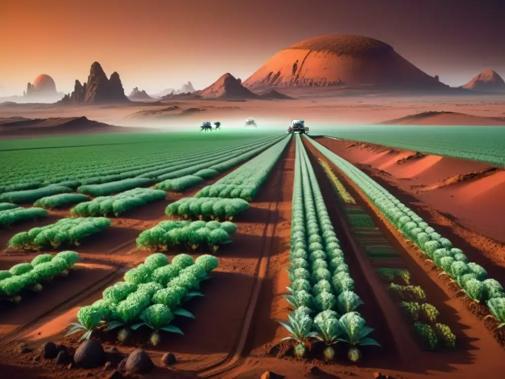 Robots agricultores en Marte trabajan en sincronía bajo un cielo rojo, cultivando cultivos verdes en un paisaje marciano vibrante