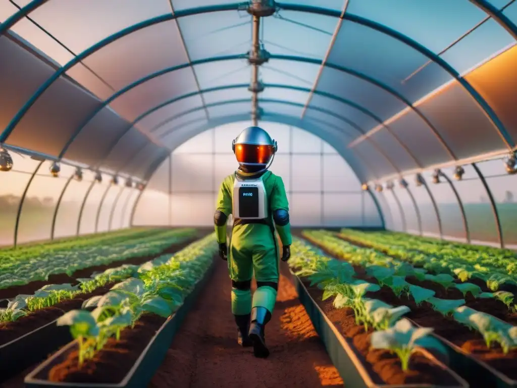 Robots agricultores en Marte trabajando en invernadero futurista bajo el cielo rojo marciano