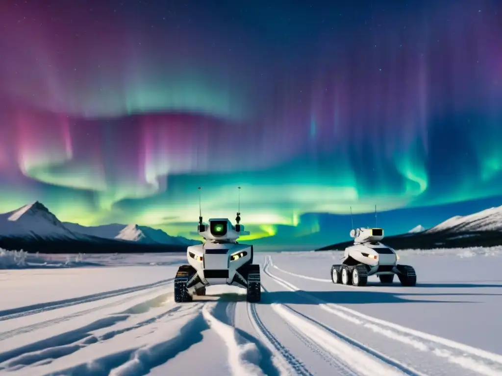 Robots vigilando cambio climático en el espacio: flota de robots avanzados orbitando la Tierra, con auroras boreales de fondo