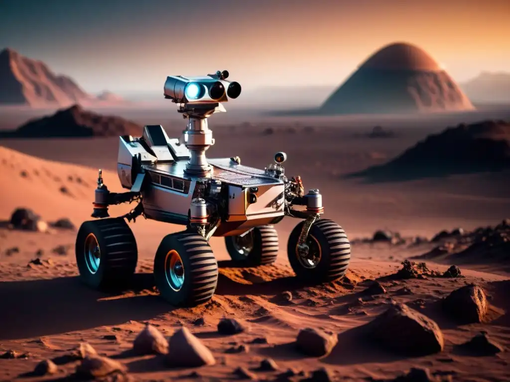 Robots exploración vida extraterrestre: Rover robótico explorando planeta alienígena