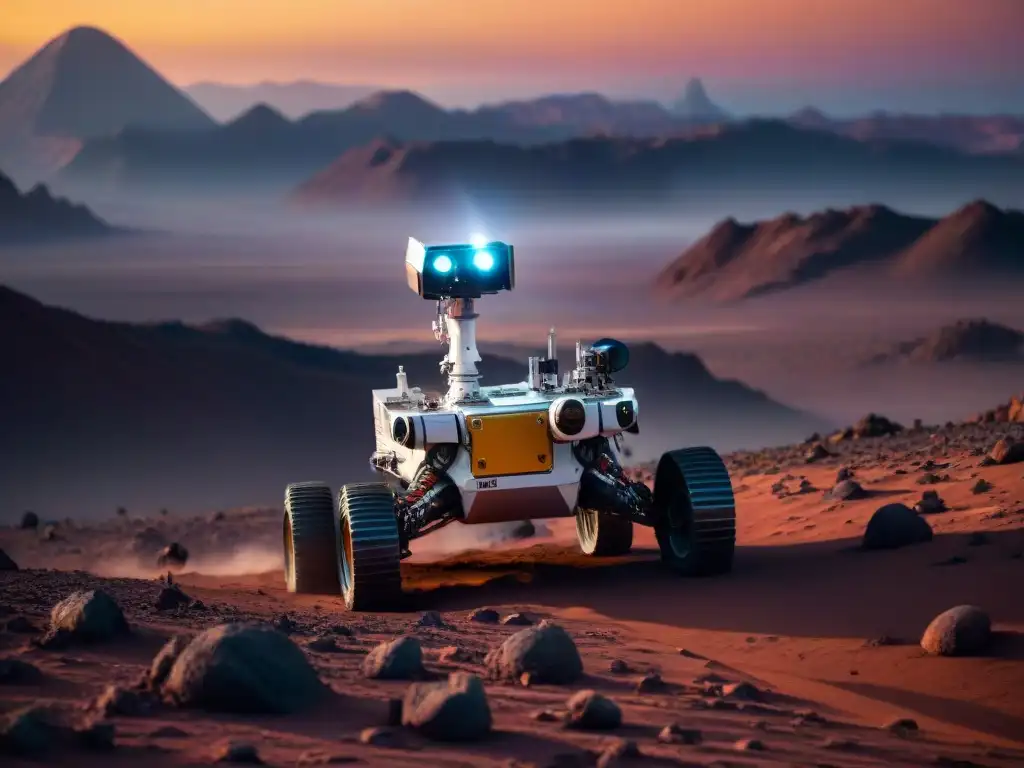 Robots exploración vida extraterrestre: Rover futurista surca terreno alienígena con plantas coloridas y sol al atardecer