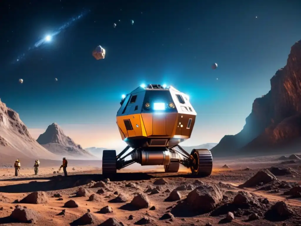 Operación minera espacial futurista: asteroides y robots Intrépidos robots mineros extraen recursos en un asteroide, en un escenario futurista de robótica espacial en minería asteroides
