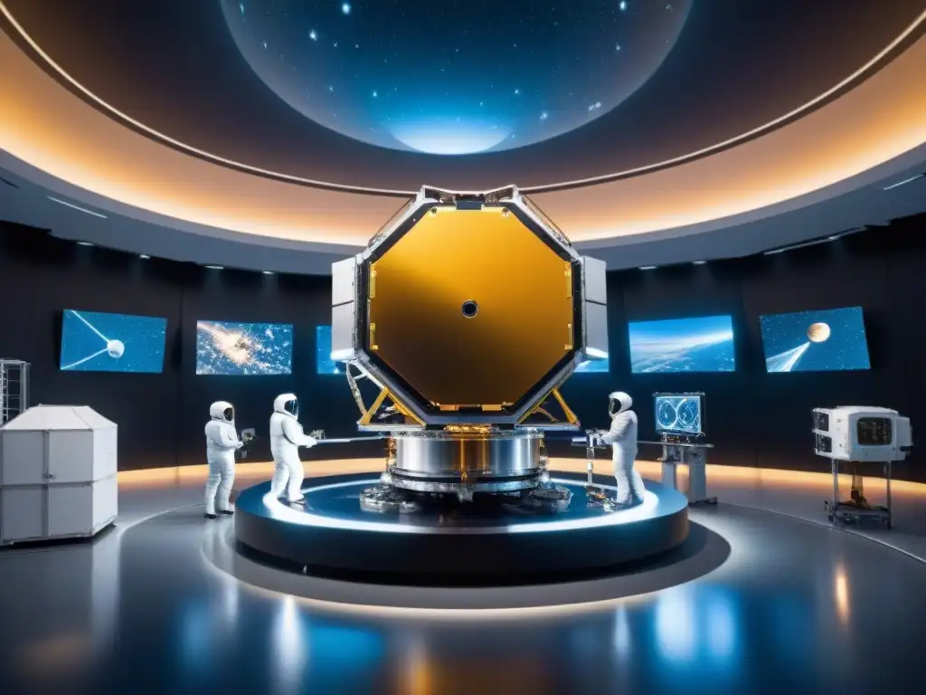 Ensamblaje preciso de telescopio espacial: robots avanzados en acción Robots ensamblan telescopio espacial con precisión en laboratorio futurista
