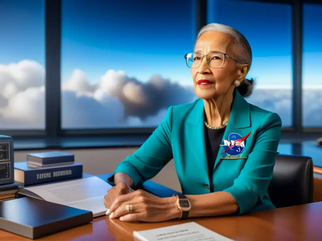 Katherine Johnson, matemática de la NASA, rodeada de cálculos, con expresión determinada, observa lanzamiento de cohete al espacio