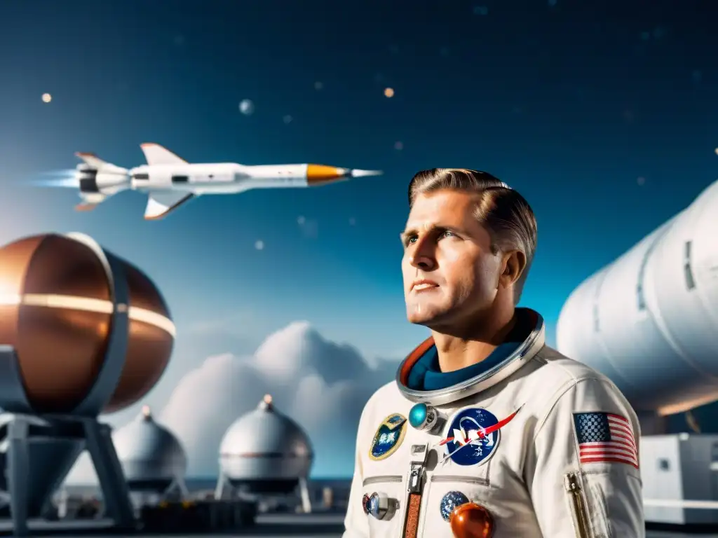 Wernher von Braun rodeado de científicos y naves espaciales, reflejando su genio espacial polémico