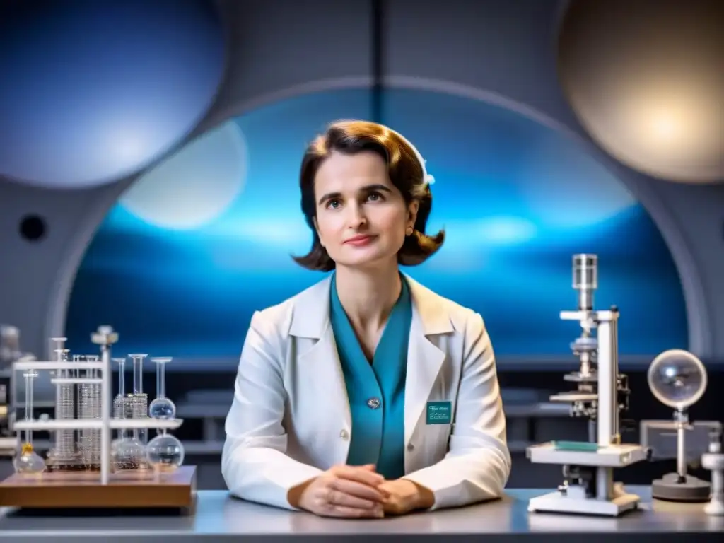 Rosalind Franklin en su laboratorio rodeada de equipo científico y modelos de ADN, con una tenue reflexión de una galaxia distante en el fondo, simbolizando su investigación revolucionaria sobre el ADN y el potencial de vida extraterrestre